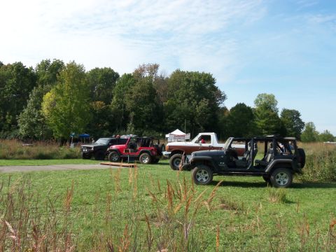 1989 Ford Bronco - A lineup of Jeeps and a Ford Bronco are parked in a field on a sunny day.