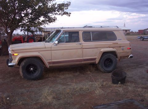 1988 Ford Bronco - A tan Jeep Wagoneer sits parked on a dirt lot under a cloudy sky, with a tree and a tractor visible in the background.