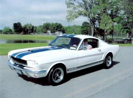 1965 Ford Mustang - A white 1965 Ford Mustang GT350 with blue stripes is driven on a road near a body of water.