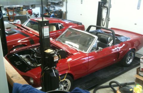 1968 Shelby GT350 - Two red Ford Mustangs are in a garage, one a convertible with its hood open, the other a coupe with racing stripes.