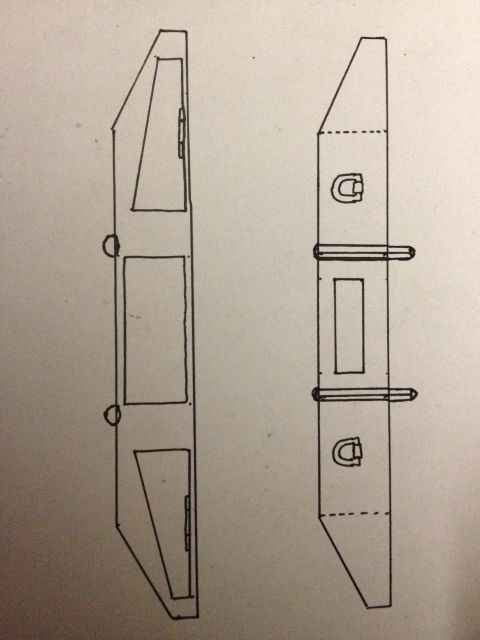 1979 Ford Bronco - Rough hand-drawn fabrication sketch of a frame rail and bracket shown in two views.