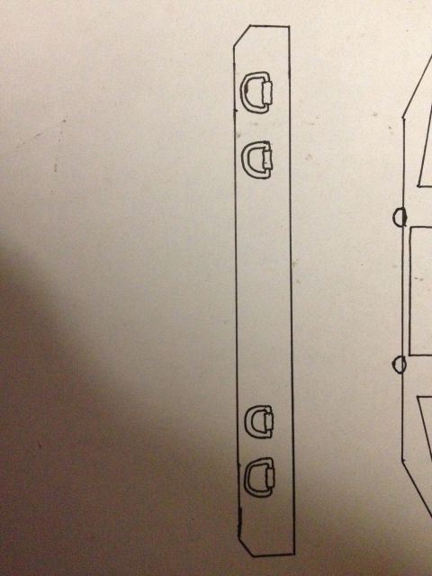 1979 Ford Bronco - Rough hand-drawn fabrication sketch of a frame rail with mounting tabs.