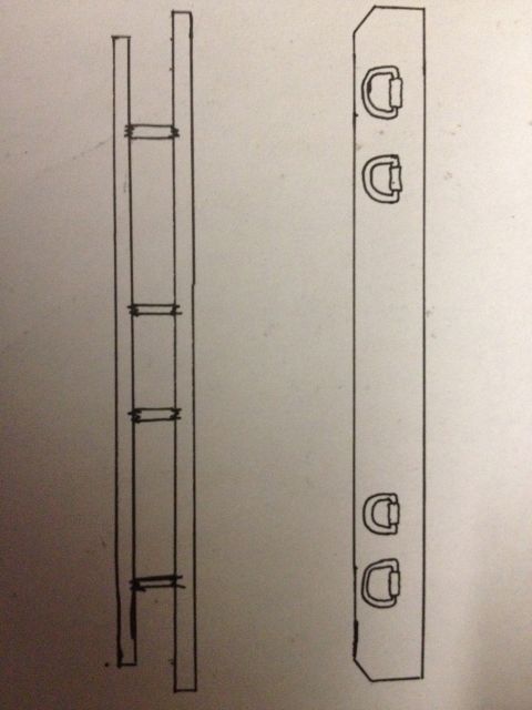 1979 Ford Bronco - Rough hand-drawn fabrication sketch of a frame rail showing crossmember tabs and bracket mounts.