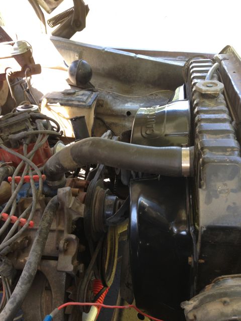 1979 Ford Bronco - Close-up of engine bay components including radiator, hoses, and belts.