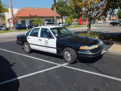 2003 Ford Crown Victoria - Side-front view of a marked LAPD Crown Victoria cruiser parked under shade trees.