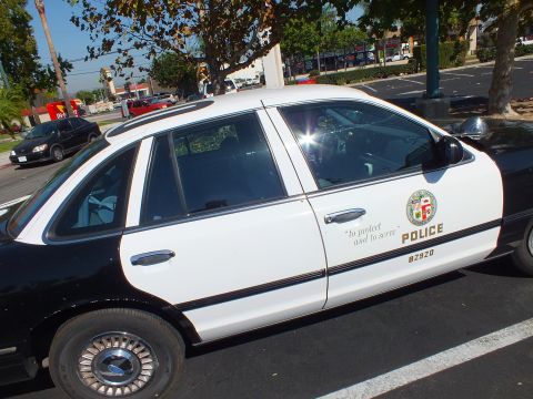 2003 Ford Crown Victoria - Driver-side door of an LAPD black-and-white showing the To Protect and to Serve motto and badge.