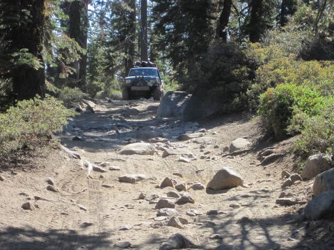 1989 Ford Bronco - A modified off-road vehicle navigates a challenging, rocky path through a forest.