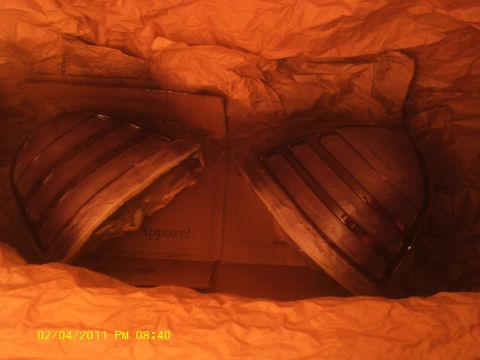 1998 Ford Crown Victoria - Two car tail lights are shown packaged in a box with crumpled paper.