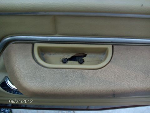1979 Ford F-150 - Interior view of a car door panel showing a damaged pull handle and mounting screws.