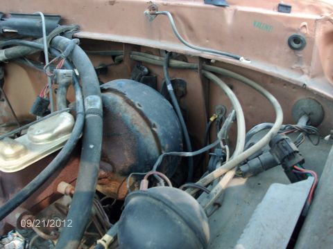 1979 Ford F-150 - Close-up view of the engine bay of a 1979 Ford F-150, showing various mechanical components and wiring.