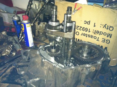 1993 Ford Probe - Close-up of automotive transmission gears and internal components during assembly or repair.