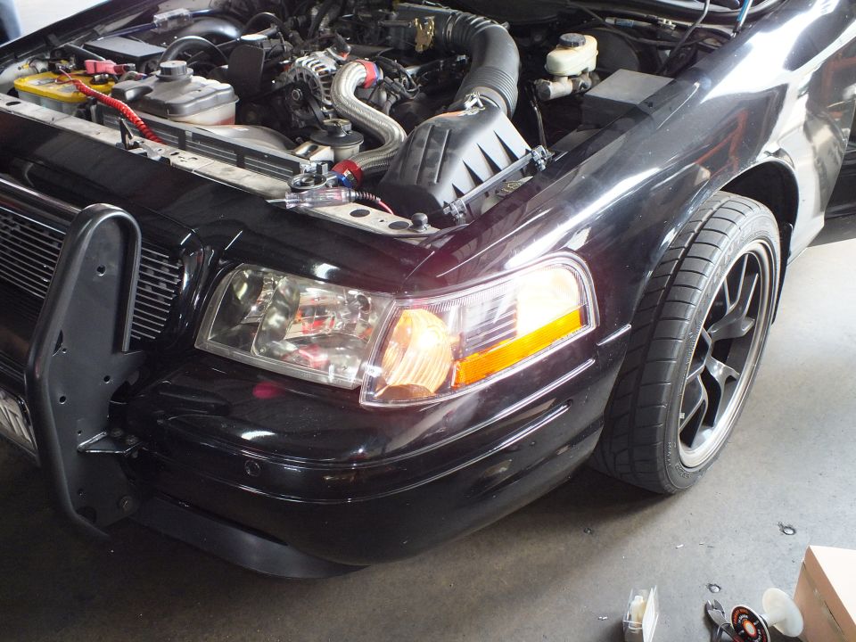 Black Crown Victoria front corner in garage with hood up exposing engine and headlight