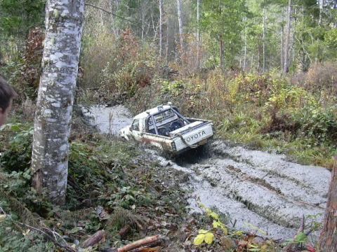 1988 Ford Bronco - A Toyota pickup truck is stuck in a deep mud pit on a wooded trail, with its rear end partially submerged.