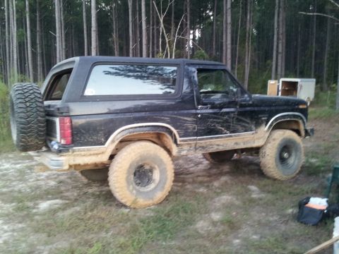 1986 Ford Bronco - Mud-covered black Ford Bronco parked in a wooded area with a spare tire mounted on the rear.