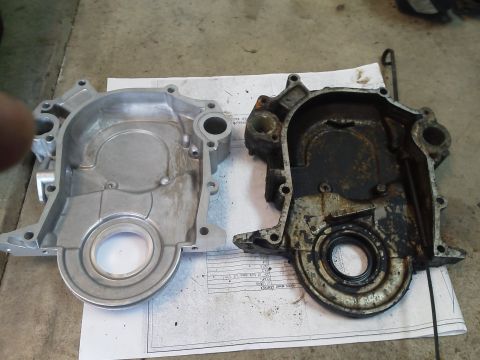 1979 Ford F-150 - Comparison of a cleaned engine timing cover next to a dirty, used one.