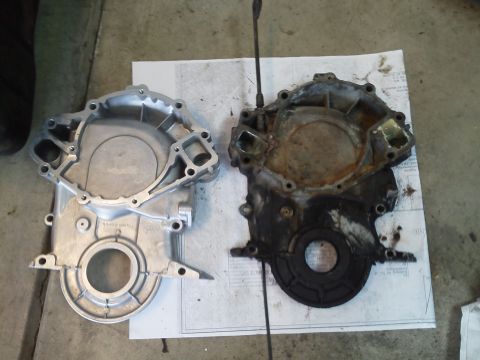 1979 Ford F-150 - Comparison of a clean timing chain cover next to a used, dirty one.