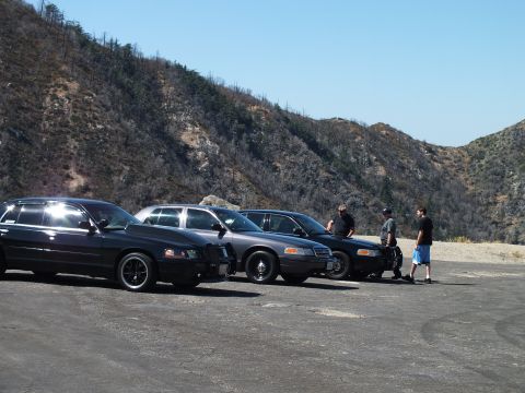2003 Ford Crown Victoria - Sunlight glints off dark sedans lined on a canyon turnout as three men talk by the cars