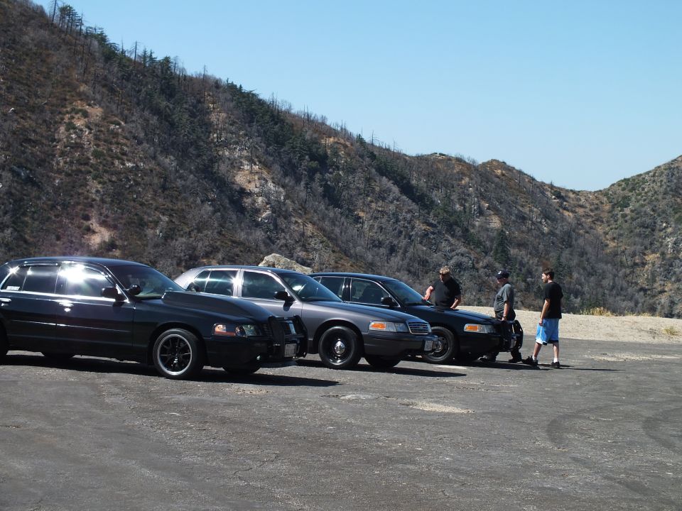 Row of black and gray sedans parked on gravel with men gathered at right