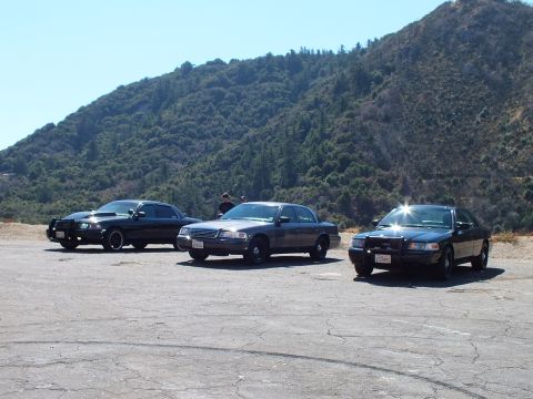 2003 Ford Crown Victoria - Lineup of three full-size sedans on a paved pullout with two men standing between them