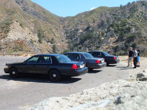 2003 Ford Crown Victoria - Four dark sedans sit in a row at a pullout with men talking on the right.