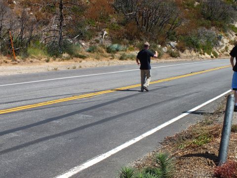 2003 Ford Crown Victoria - People stand on a canyon highway examining the road surface and double yellow lines.