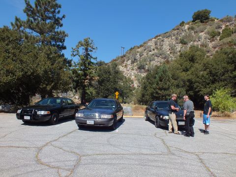 2003 Ford Crown Victoria - Black and gray full-size sedans line a canyon parking area as three people talk near one car.