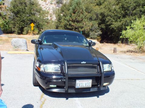 2003 Ford Crown Victoria - blacked-out Ford sedan shows a chrome grille guard, billet grille, and California EVIL VIC plate.