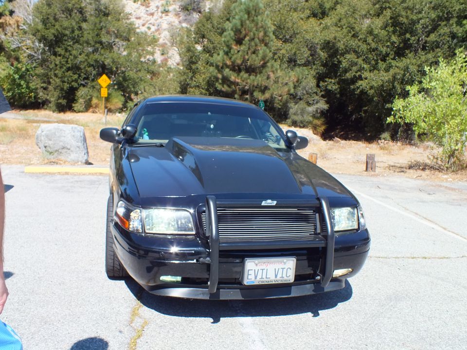 Front view of black Ford Crown Victoria with billet grille, push bar, and EVIL VIC plate