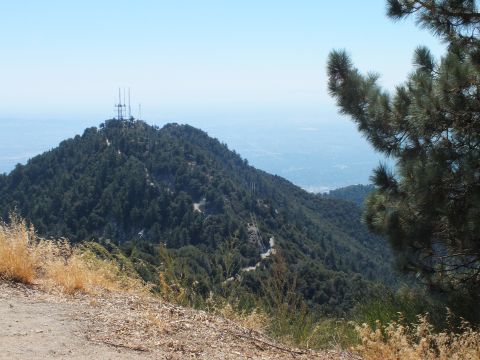 2003 Ford Crown Victoria - pine-covered summit crowned with transmission masts rises above a smoggy basin and ridgeline.