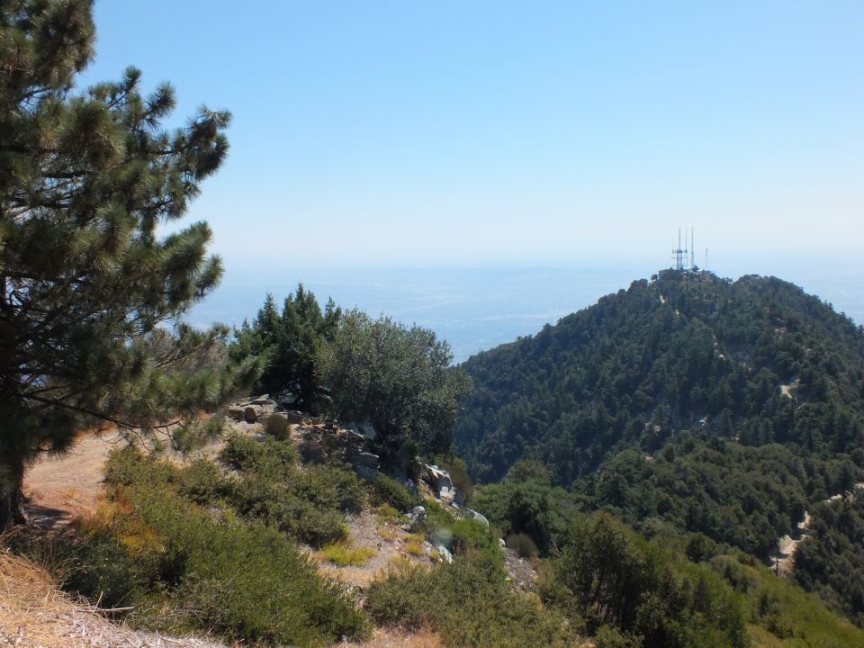 Forested mountain peak topped with antenna array seen across a wooded ridge