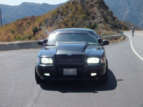 2003 Ford Crown Victoria - Front view of a black Mercury showing hood scoop, blacked grille and EVIL VIC plate.