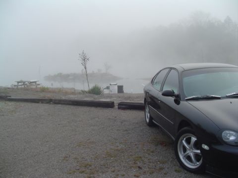1999 Ford Taurus - A black 1999 Ford Taurus is parked near a lake on a foggy day, with picnic tables visible in the background.