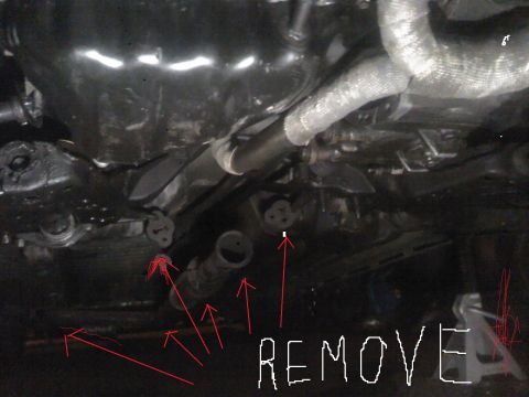 1995 Ford Probe - Underside view of vehicle parts, with red arrows and 'REMOVE' text indicating areas of interest.