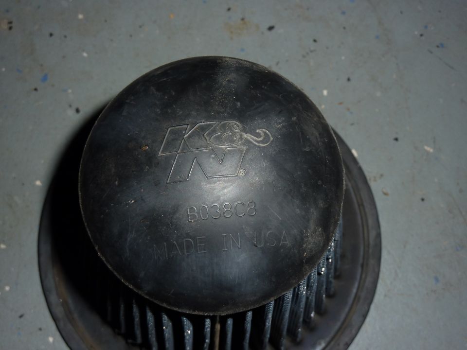 K&N air filter with part number B038C8 and "MADE IN USA" molded into the plastic top