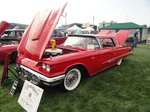 1964 Ford Fairlane - A red 1959 Ford Thunderbird convertible is displayed with its hood open at a car show.