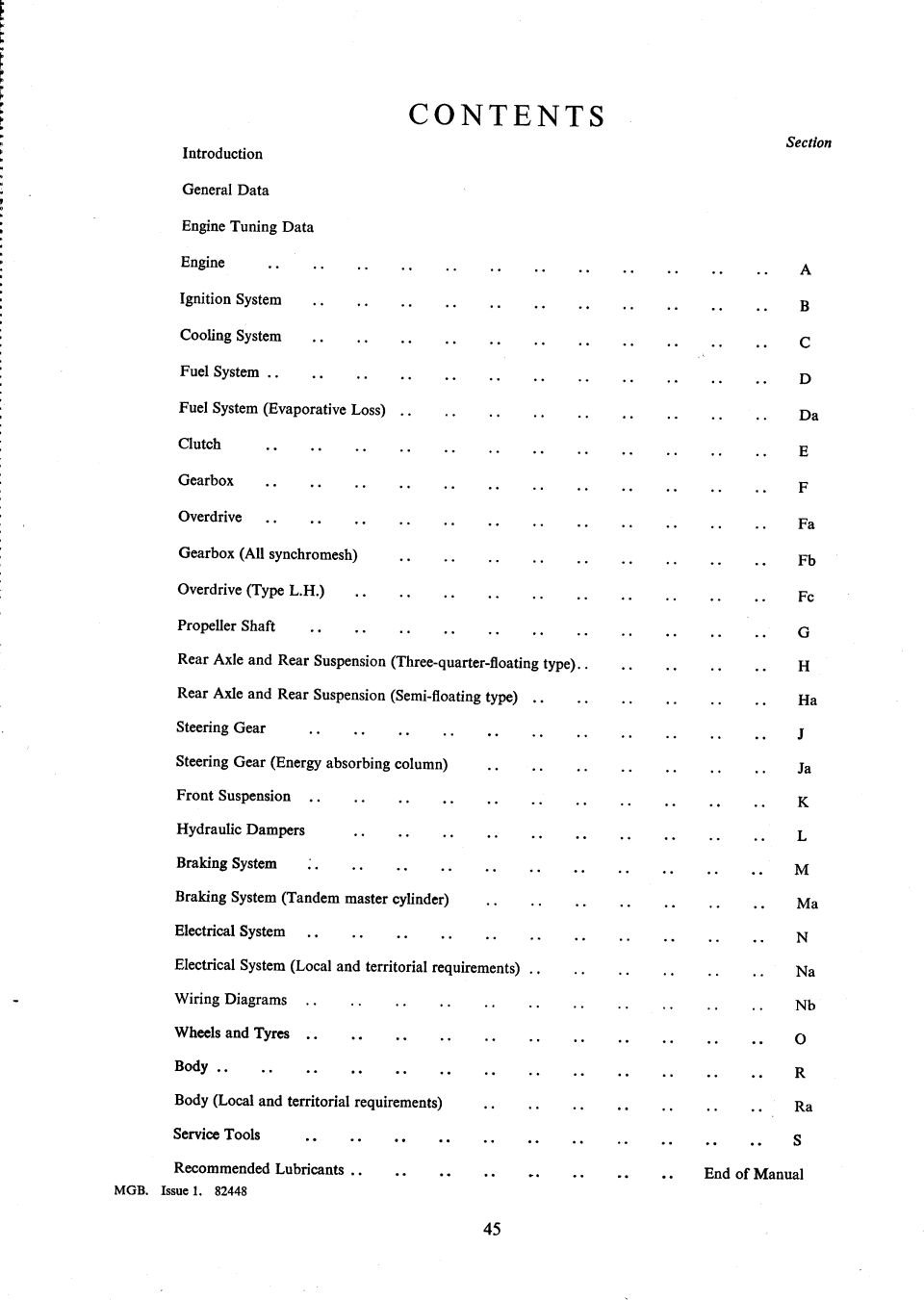 MGB workshop manual Contents page listing sections A through S with section codes