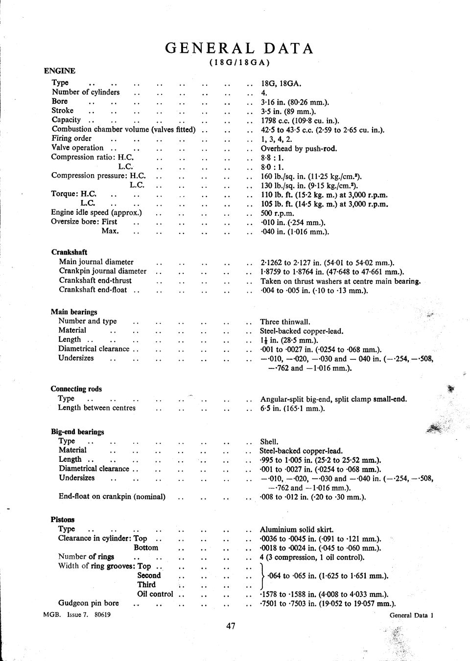 MGB 18G/18GA engine General Data specification page: bore, stroke, bearings, pistons, page 47