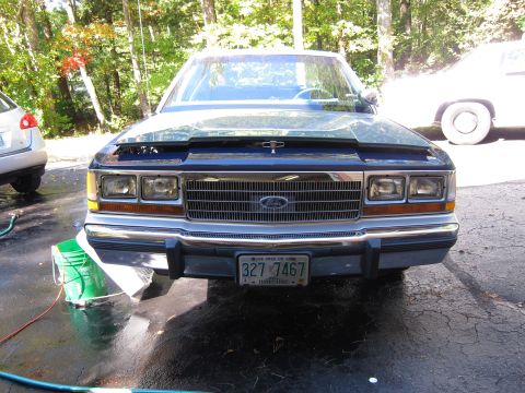 1991 Ford LTD Crown Victoria - The front of a 1991 Ford Crown Victoria is shown, with a green bucket and hose nearby.