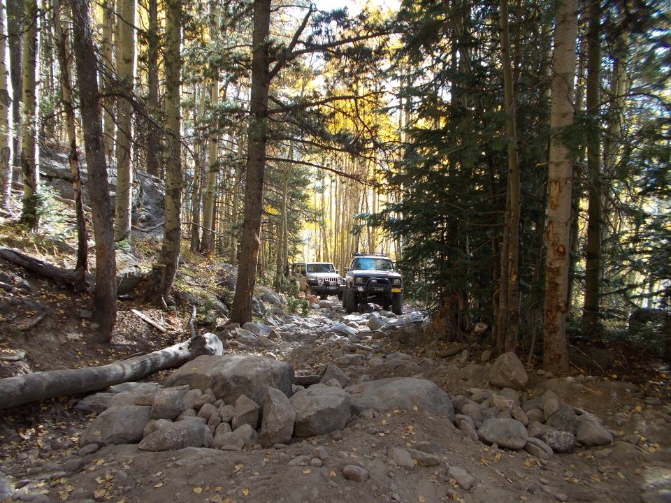 Two SUVs on a rocky forest road