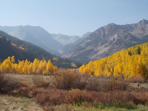 1986 Ford Bronco II - Autumn colors paint a mountain valley, with a lone figure walking in the distance.