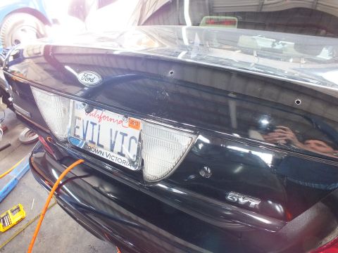 2003 Ford Crown Victoria - Tail of a black Ford Crown Victoria displays an EVIL VIC plate and an SVT badge.