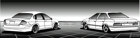 1993 Ford Taurus - This image displays two sedans from a rear-quarter perspective on a stylized grid background.