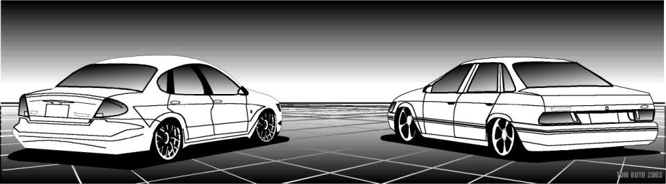 Two white sedans shown from the rear, one slightly ahead of the other on a grid