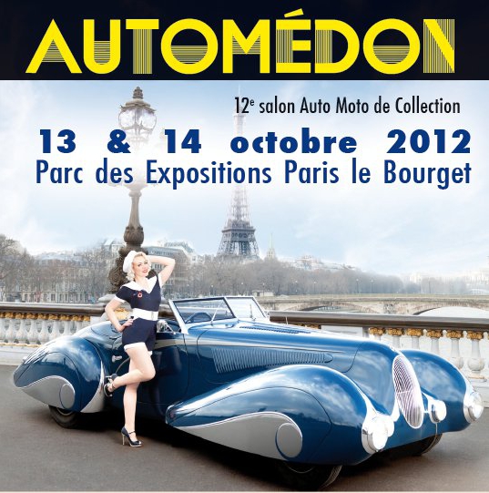 Poster for Automédon 2012 car show in Paris a blue classic convertible and a woman in a sailor outfit
