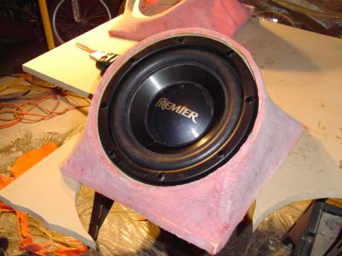 1999 Ford Taurus - A custom-built speaker box a Premier subwoofer is shown in this image, likely part of an automotive audio installation.