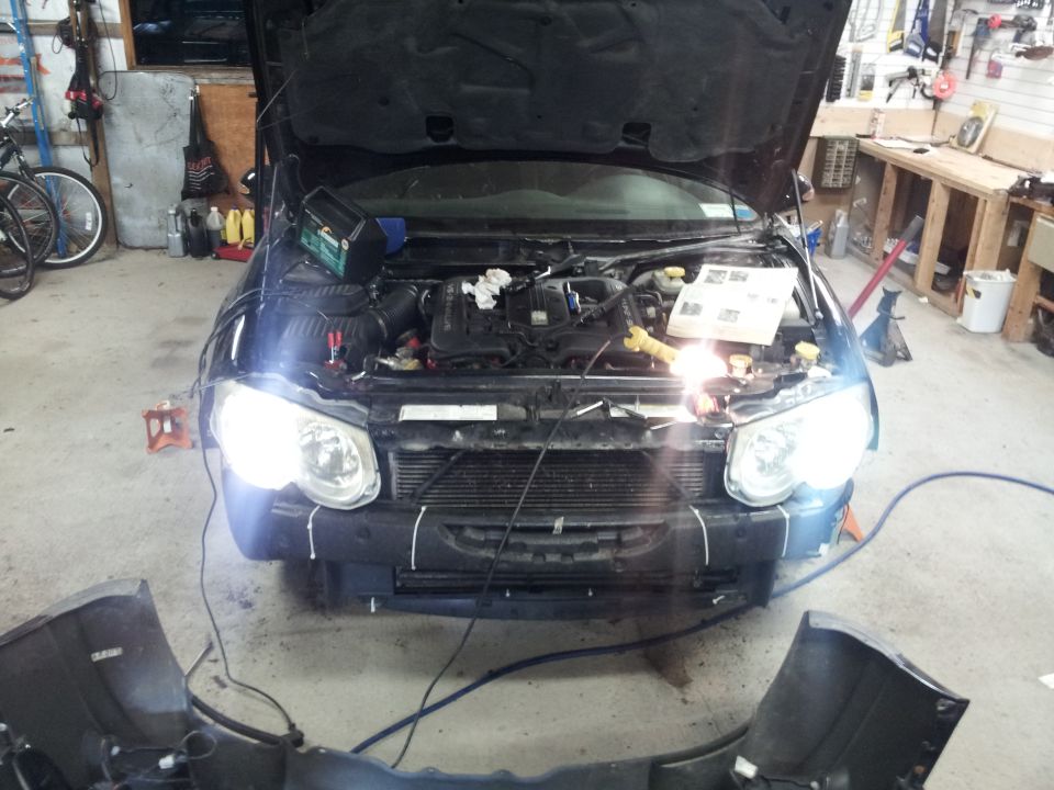 2002 Chrysler 300M front view with hood open and bumper removed