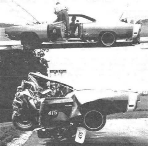 1991 Ford LTD Crown Victoria - A car is shown before and after significant damage, with a person seen loading fishing gear in the undamaged view.