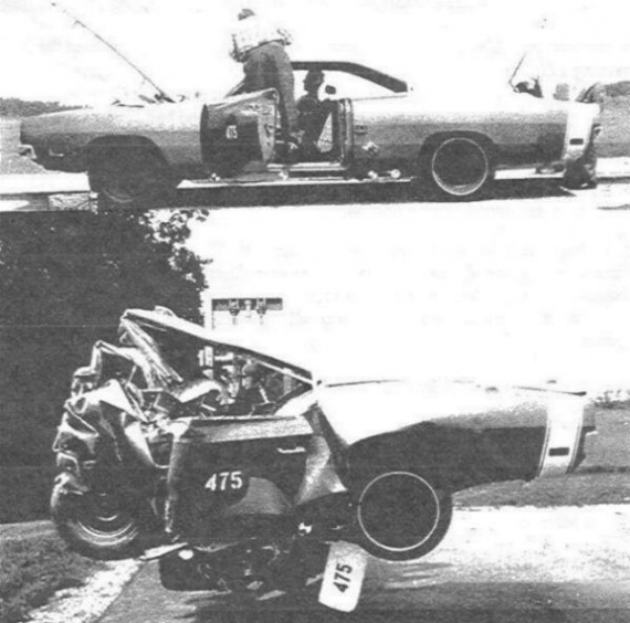 Top view shows a person loading fishing gear into a car with the hood open. Bottom view shows the same car heavily damaged, possibly after an accident