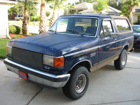 1994 Ford Bronco - This blue Ford Bronco is parked in a suburban driveway with palm trees and houses in the background.