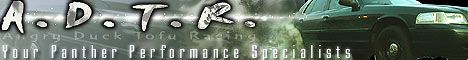 1998 Ford Crown Victoria - Web banner reading 'A.D.T.R. Angry Duck Tofu Racing, Your Panther Performance Specialists' beside a green sedan image.